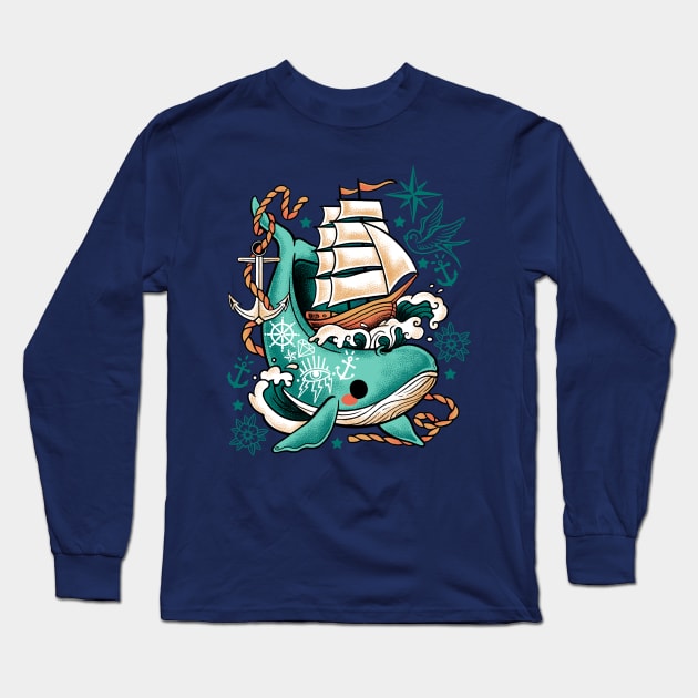 Whale ship tattoo Long Sleeve T-Shirt by NemiMakeit